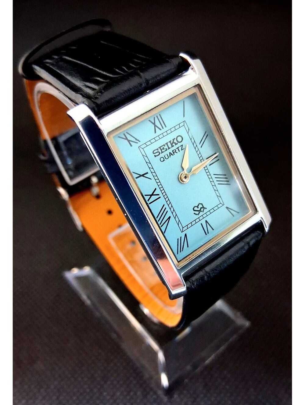 VINTAGE Seiko Quartz Dress Men's Seiko Tank Tiffany Blue Dial Watch RARE